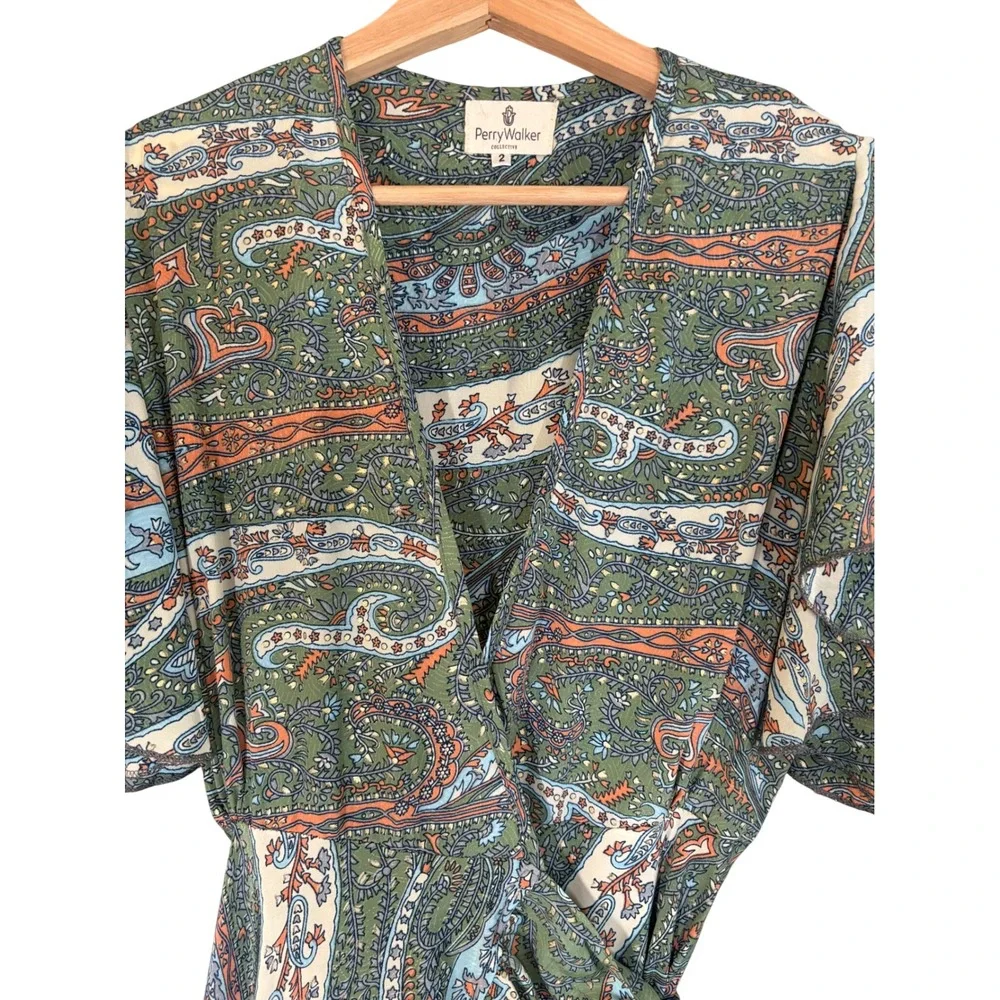 Perry Walker Silk Blend Paisley Print Wrap Maxi Ruffle Dress M Boho Coastal